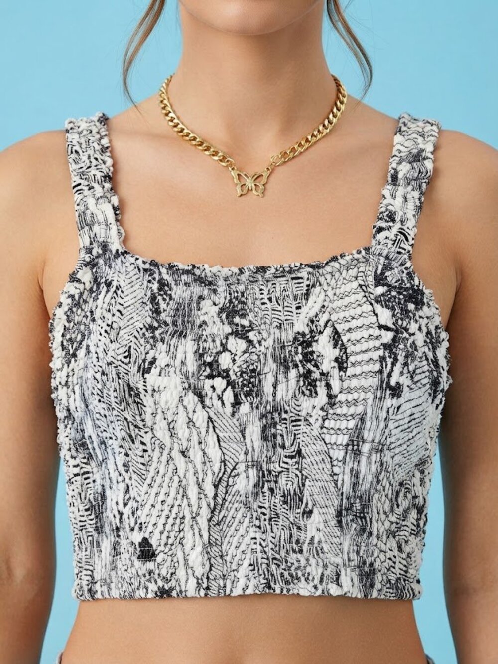 White & Black Abstract Print Tank Crop Top